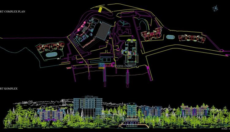 3.RESORT COMPLEX PLAN, ELEVATION AutoCAD blocks free download
