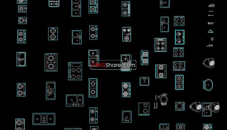 17.A collection of sinks and cookers in Plan Cad Blocks