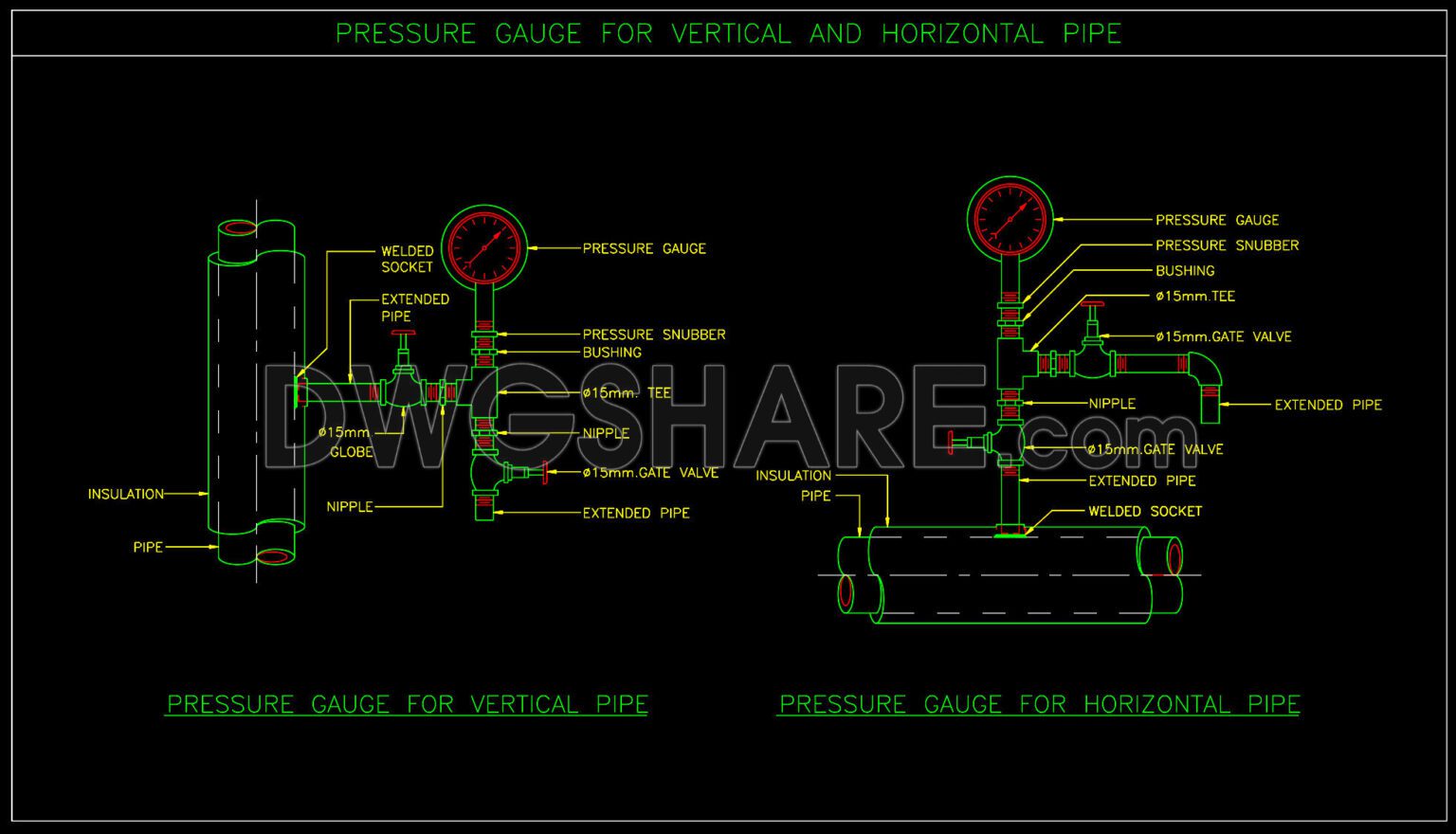 24.Pressure Gauge For Vertical And Horizontal Pipe Autocad Drawing