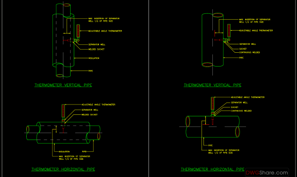 25.Thermometer For Vertical And Horizontal Pipe Autocad Drawing