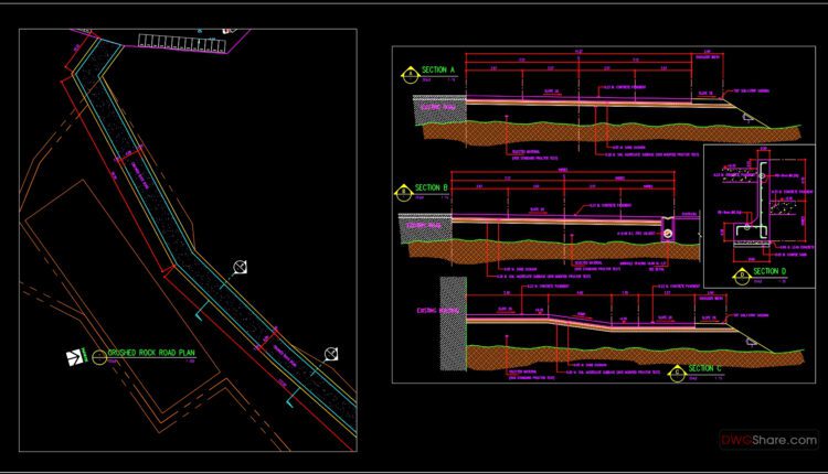 18.Cad File of Crushed Rock Road Plan and Cross Section For Free Download