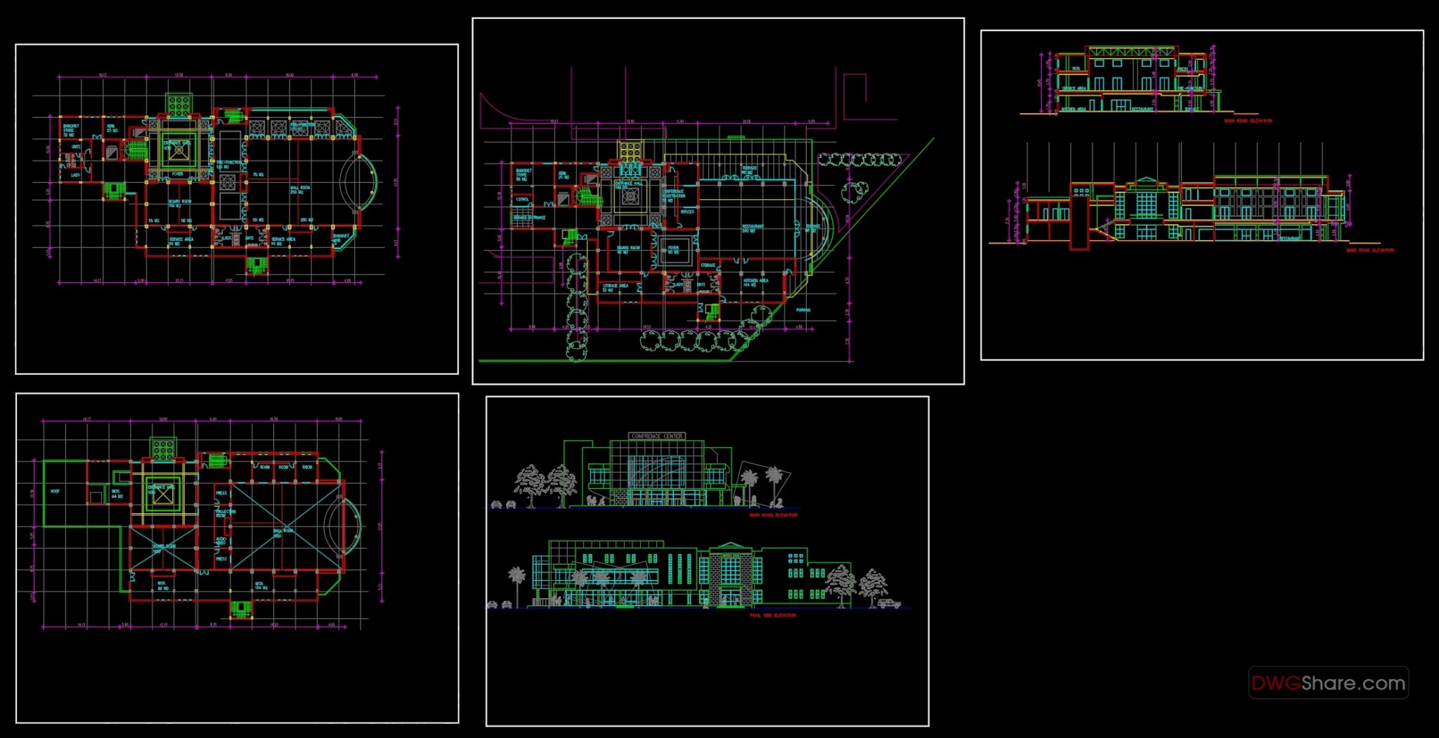 Conference Hall Layout Plan and Elevations AutoCAD File Free Download