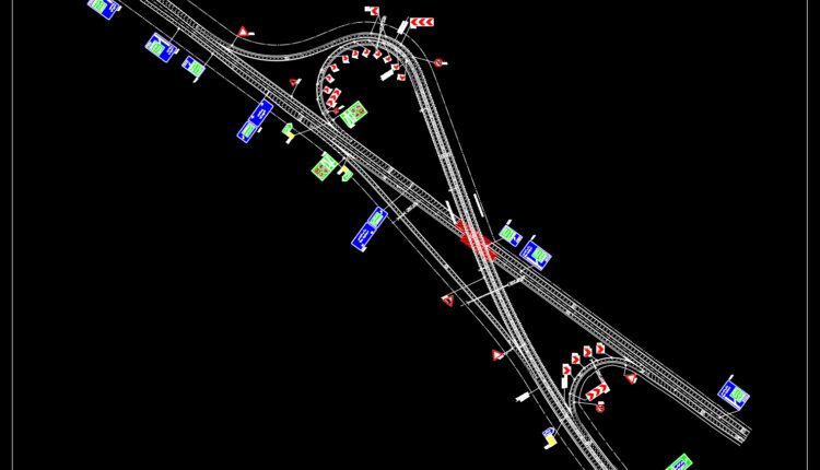 23.Freeway Bias Trumpet Interchange Ramps Plan Autocad File DWG