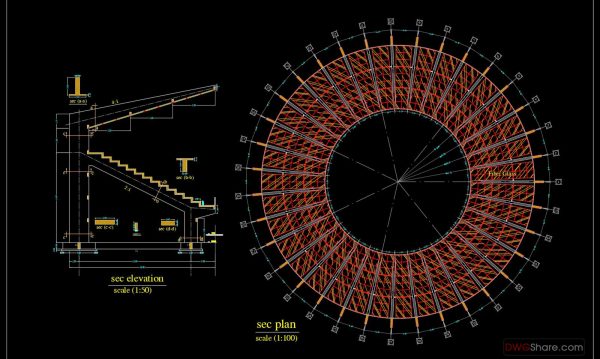 26.Circular Stadium Layout and Section CAD