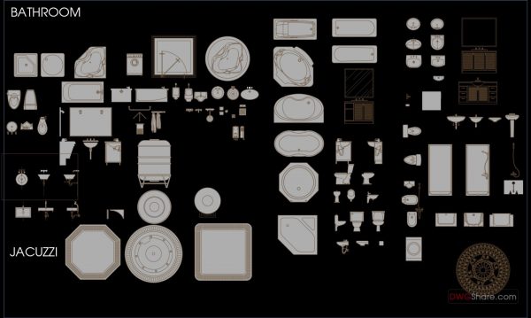 50.Bathtub, Wash basin, Toilet bowls free AutoCAD drawing download