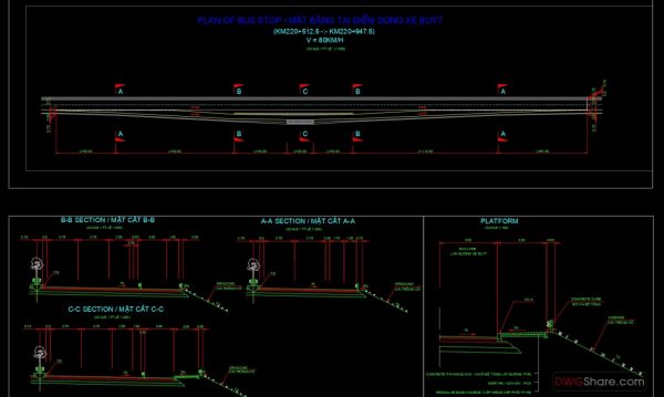 Bus Stop Plan and Sections Details AutoCAD File DWG