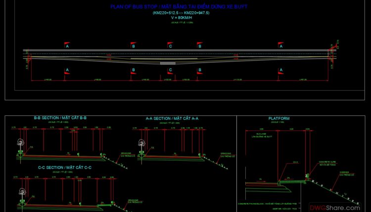 Bus Stop Plan and Sections Details AutoCAD File DWG