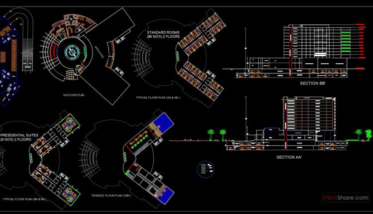 10 Floors 5 Stars Hotel Elevations And Layout Plan AutoCAD File DWG (3)