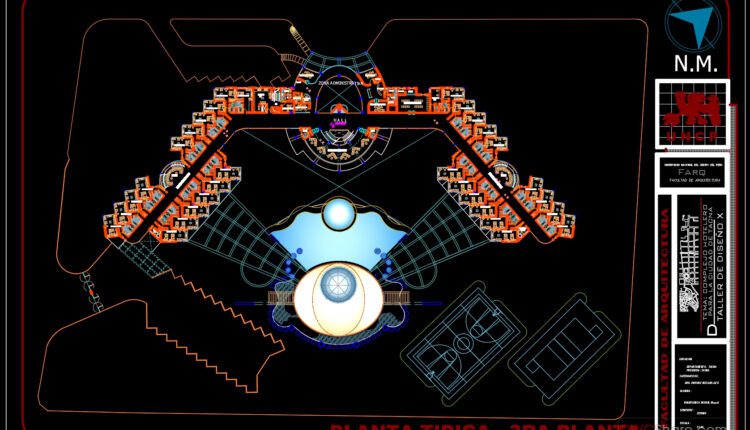 Hotel 4 estrellas 3plantas y corte general tacna peru AutoCAD File DWG