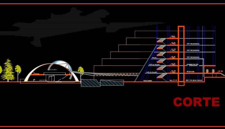 Hotel 4 estrellas 3plantas y corte general tacna peru AutoCAD File DWG