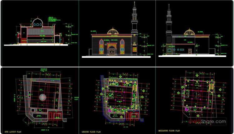 16.Mosque Minaret Elevation and Sections Details AutoCAD File Free Download