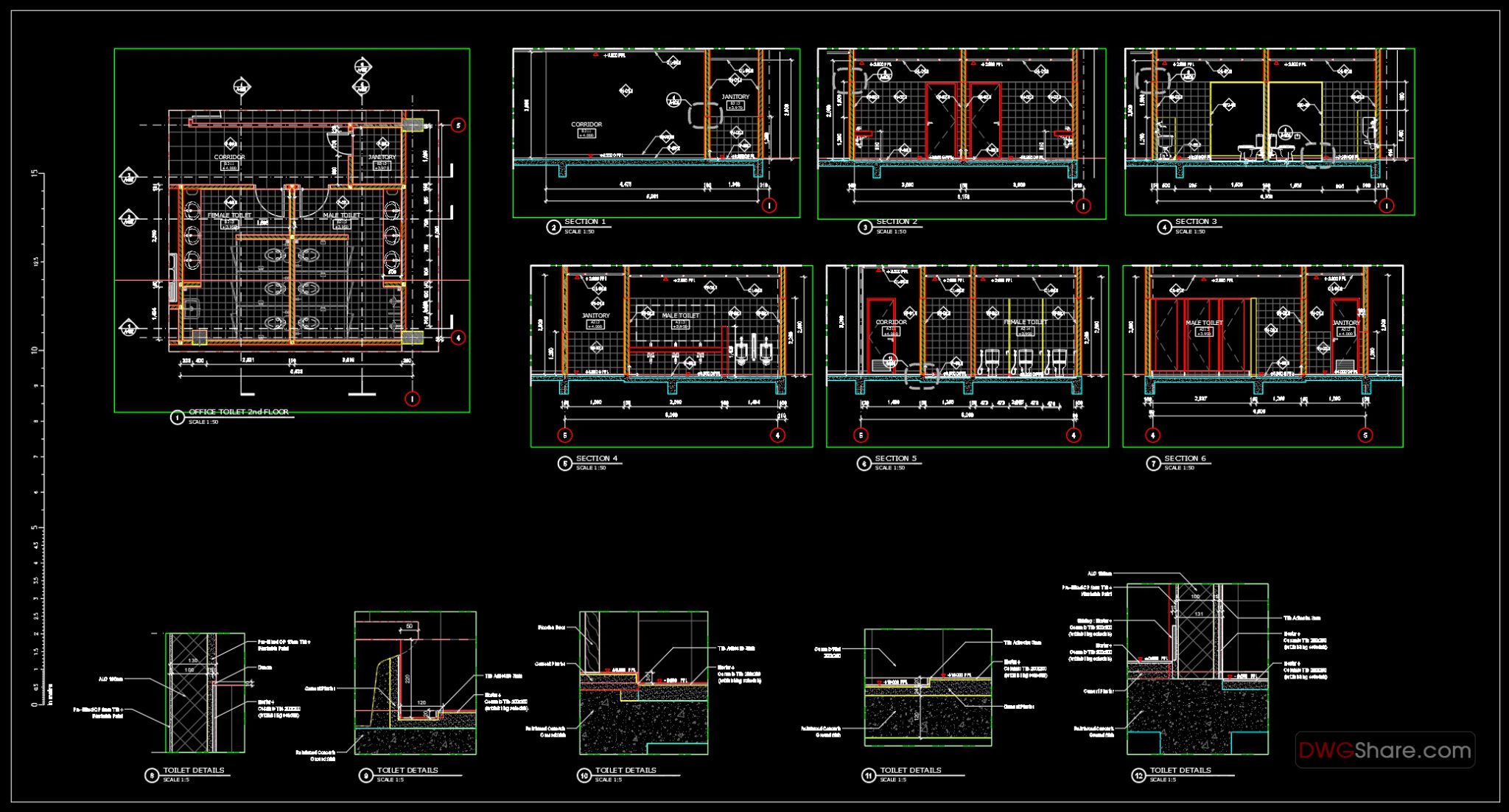 57.Toilet Office Elevations and Sections Details CAD Template DWG