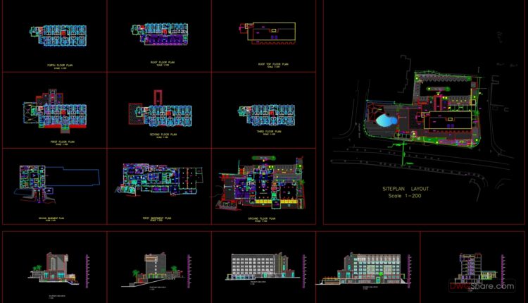 6 Floors 5 stars Hotel Elevations and Layout Plan AutoCAD File DWG (1)