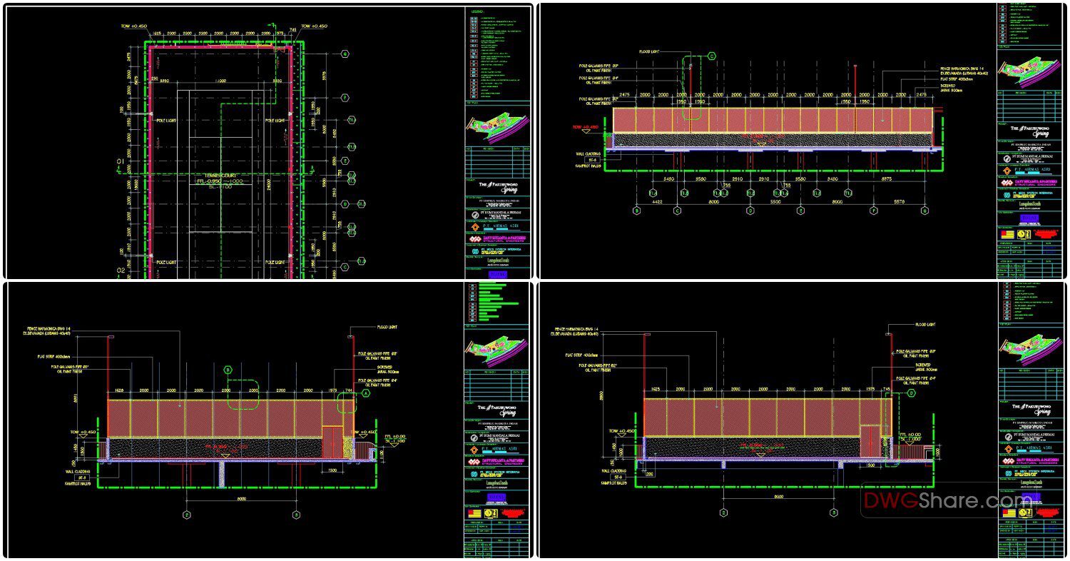 Tennis Court Layout Plan and Sections Details Autocad