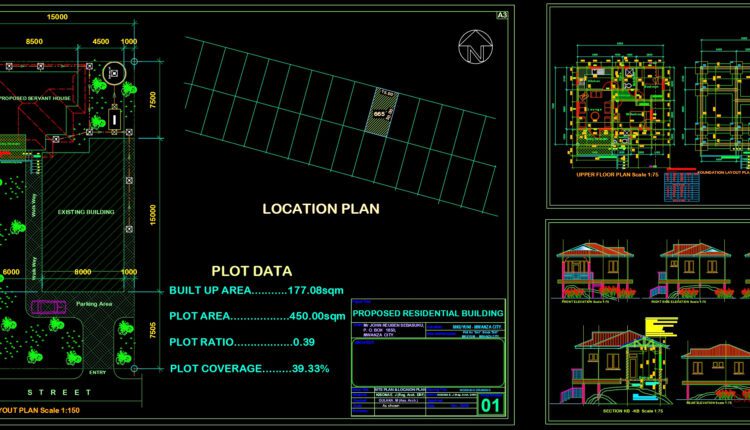 Residential Building Plan Elevation and Sections Details AutoCAD File DWG