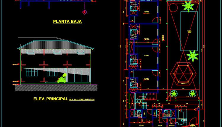 Two Levels Hotel Design Plan and Principal Elevation AutoCAD File DWG