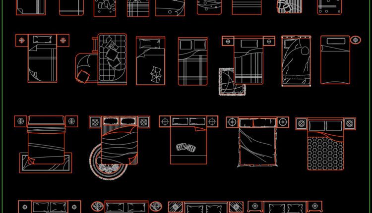 23.Beds in top view AutoCAD blocks free download