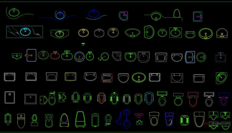 71.Bathtub, Wash basin, Toilet bowls free AutoCAD drawing download