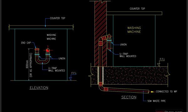 66.Washing Machine Drain Connection Detail CAD Drawing DWG