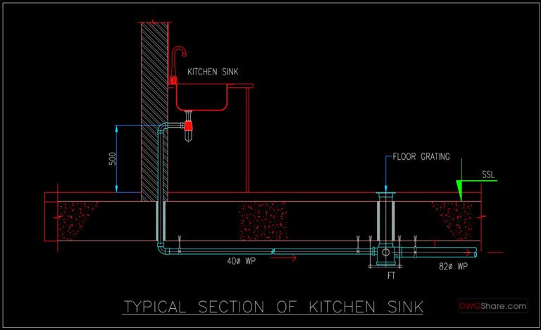 70 Typical Section of Kitchen Sink Detail CAD Drawing DWG