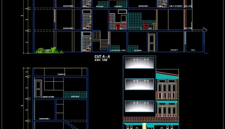 107.Autocad House Plan Free DWG Drawing Download 7x21m