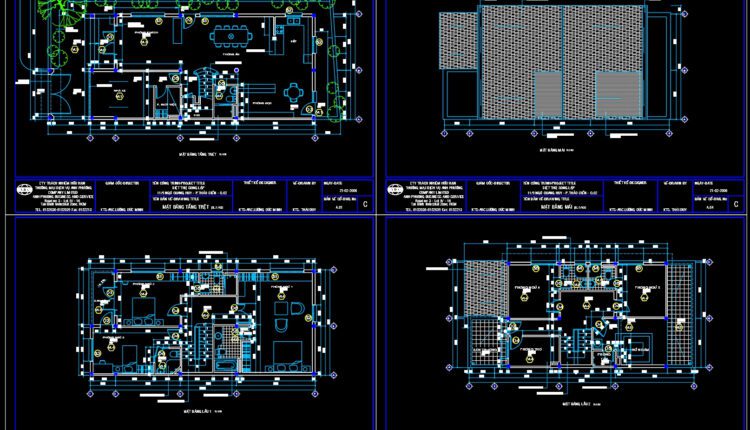 3 Stories House Plans, Faces and Sections Details AutoCAD File 7.5x16m