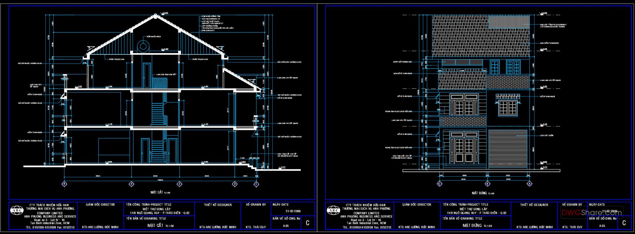 3 Stories House Plans, Faces and Sections Details AutoCAD File 7.5x16m