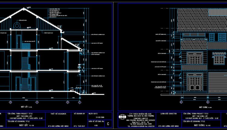 3 Stories House Plans, Faces and Sections Details AutoCAD File 7.5x16m