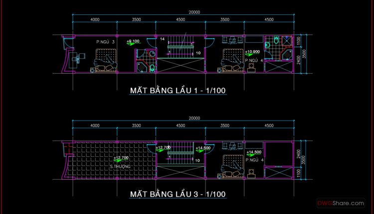 3 Stories House Plans and Sections Details AutoCAD File 3.6X20m