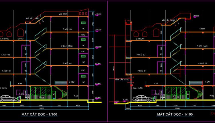 3 Stories House Plans and Sections Details AutoCAD File 3.6X20m