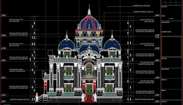 3-Story Classic Villa Faces Details AutoCAD File 12.3×16.7m