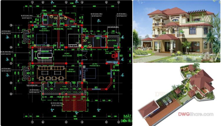 3-Story Classic Villa Plans, Faces and Sections Details AutoCAD File 13×16.3m