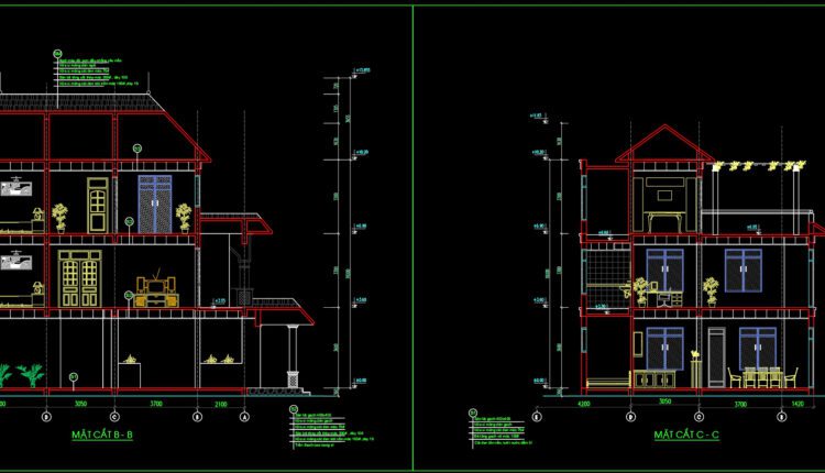 3-Story Classic Villa Plans, Faces and Sections Details AutoCAD File 13×16.3m