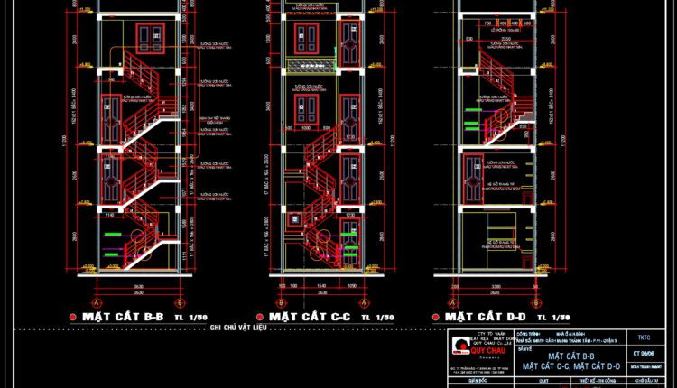 3-Story House Plans, Faces and Sections Details AutoCAD File 3.6×38.5m