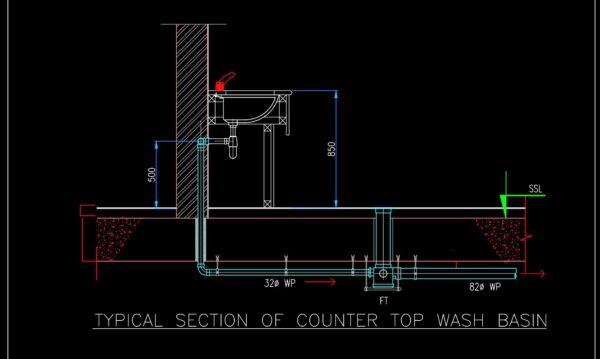 72.Typical Section of Counter Top Wash Basin CAD Drawing DWG