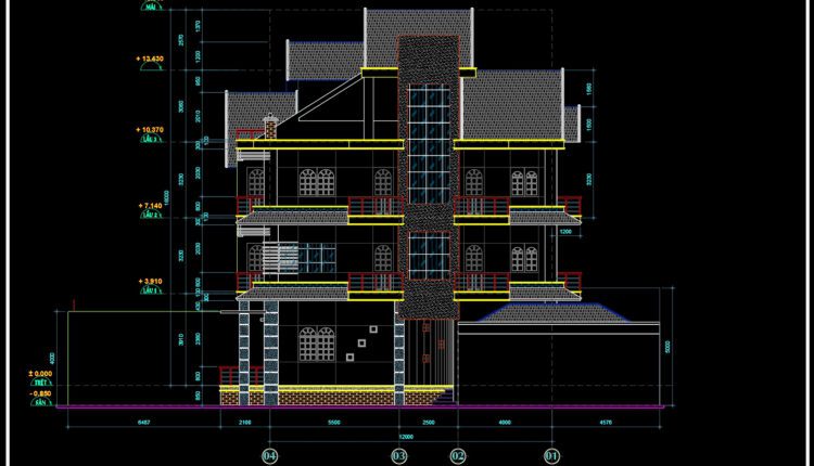 4-Stories House a Complete Project AutoCAD File 8x12m