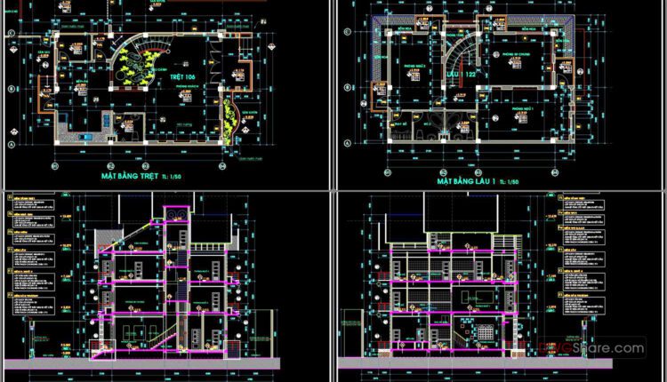 4-Stories House a Complete Project AutoCAD File 8x12m