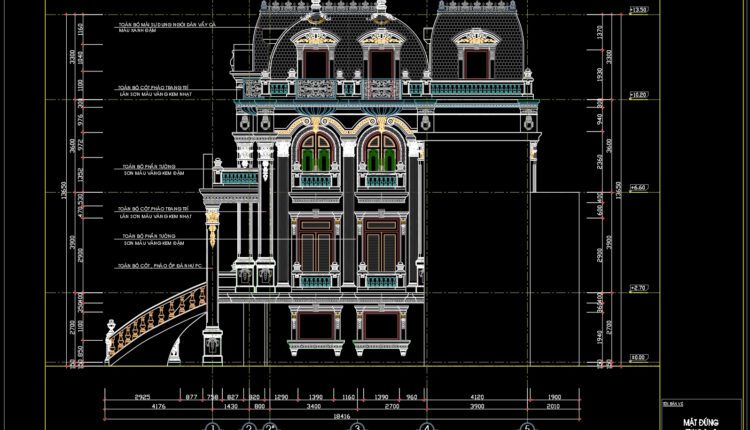 4-Story Classic Villa Faces Details AutoCAD File 10x22m
