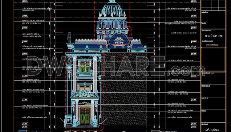 4-Story Classic Villa Plans, Sections Details AutoCAD File 10x13m