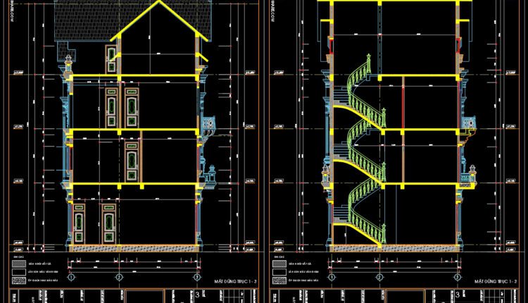4-Story Classic Villa Sections Details AutoCAD File 11.4mx8.6m (2)