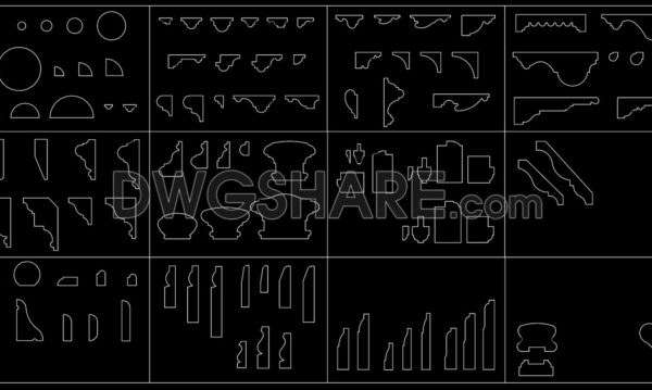 92.Detailed drawings of wooden moldings, handrails for stairs, balcony railings in autocad file