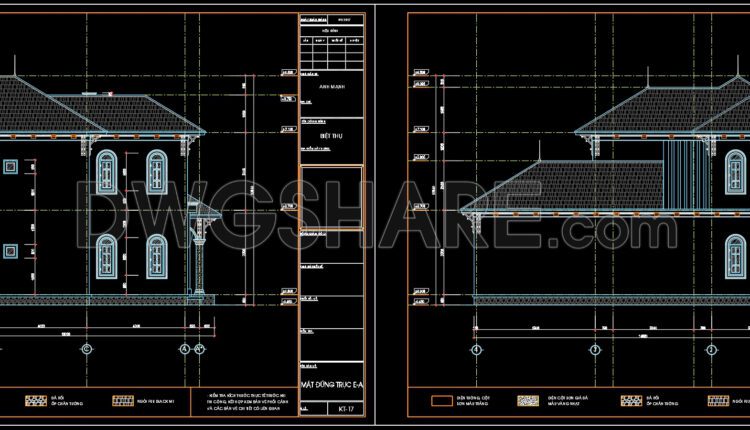 2-Story House Elevations and Sections Details AutoCAD File 14.8m x 13.2m