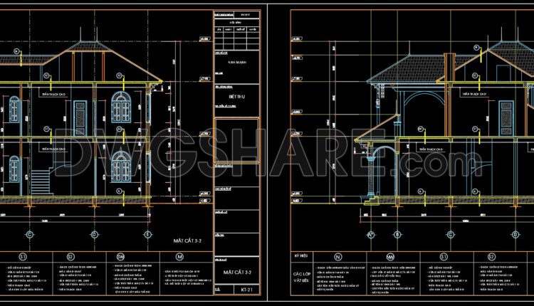 2-Story House Elevations and Sections Details AutoCAD File 14.8m x 13.2m