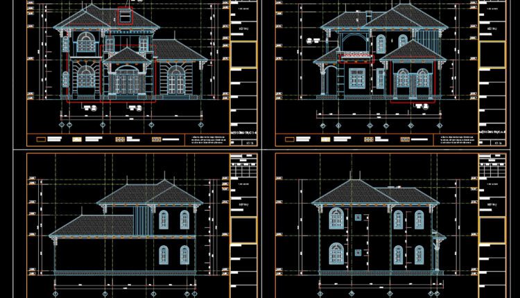 2-Story House Elevations and Sections Details AutoCAD File 14.8m x 13.2m