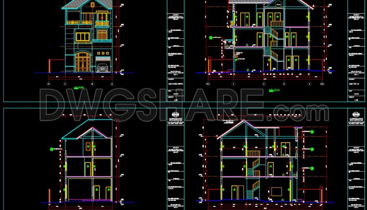 Autocad Drawing Of 3-Story House Plans, Elevations And Sections 7x12m For Download