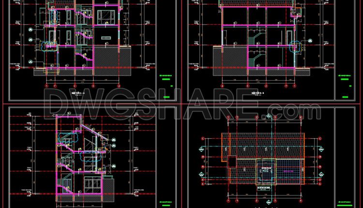 Autocad Drawing Of 3-Story House Plans, Elevations and Sections 8×12.7m For Download