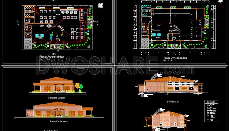 Autocad Drawings Of 1-Story Restaurant Plans, Elevations And Sections 25×38.6m For Download