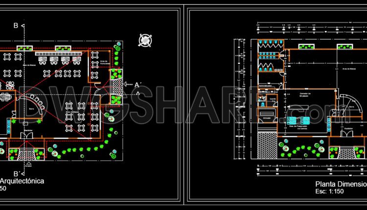 Autocad Drawings Of 1-Story Restaurant Plans, Elevations And Sections 25×38.6m For Download