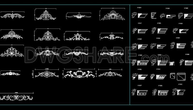 138.Detailed drawings of decorative patterns and moldings in CAD format