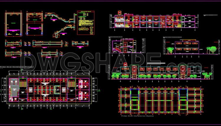 75.Autocad Drawings Of Hotel Staircase Layout and Reinforcement For Download
